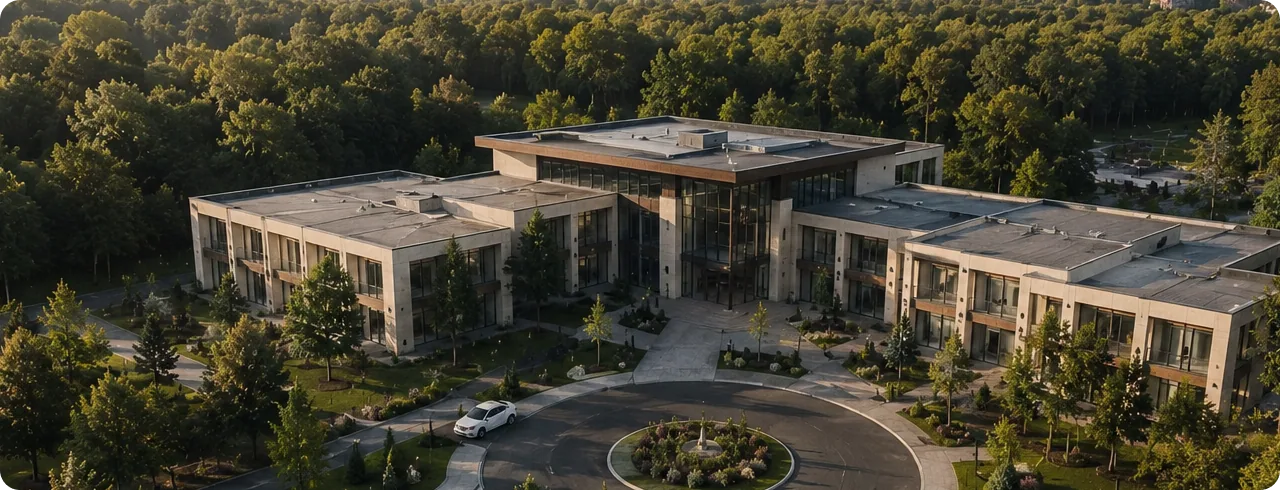 Панорама майбутнього реабілітаційного центру серед лісу