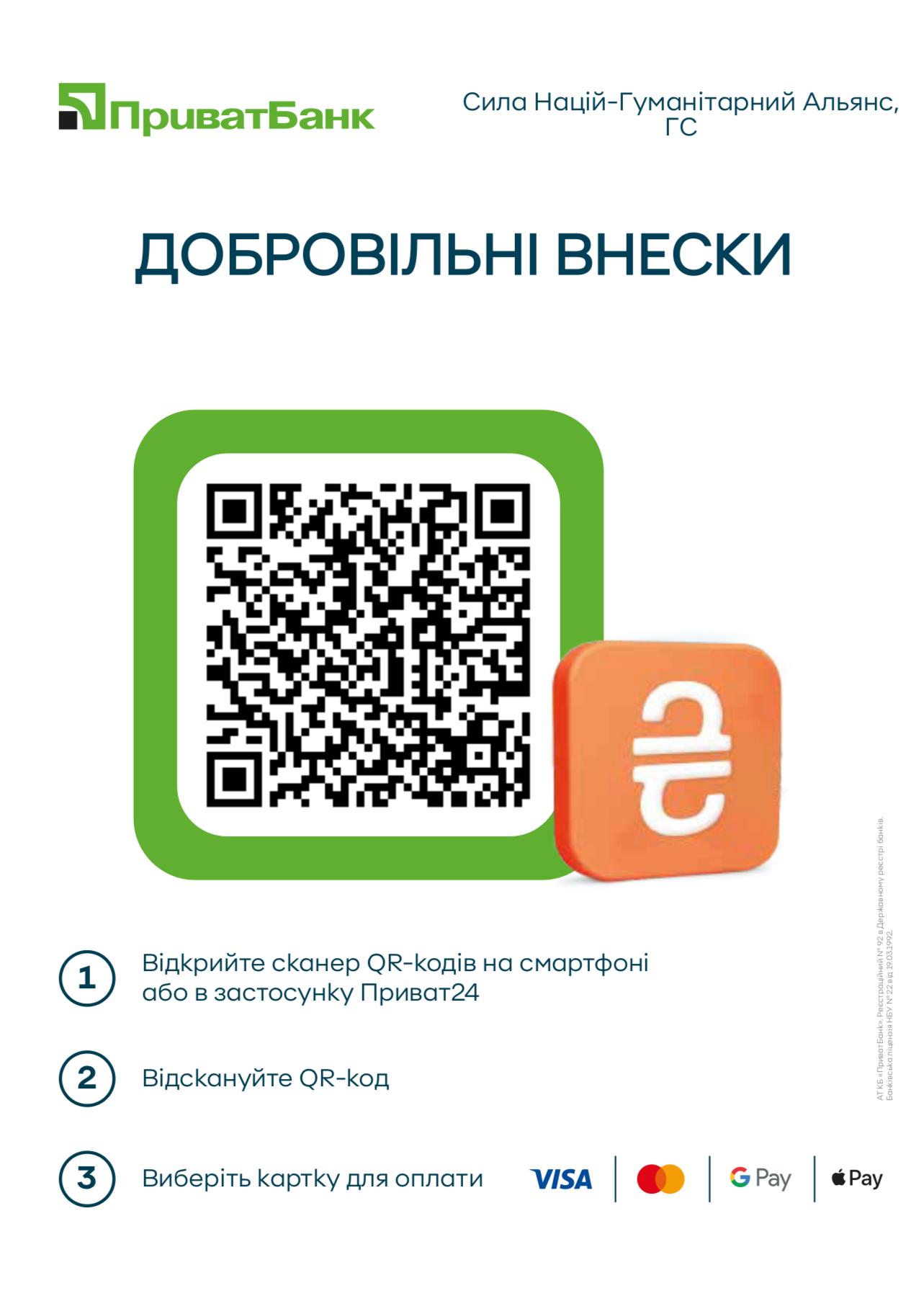 QR-код Приват24 для добровільного внеску на користь ГС «Сила Націй — Гуманітарний Альянс»